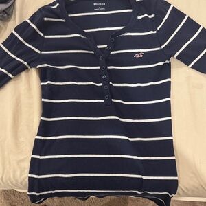Hollister Dark Blue and White Striped Button-Up Top